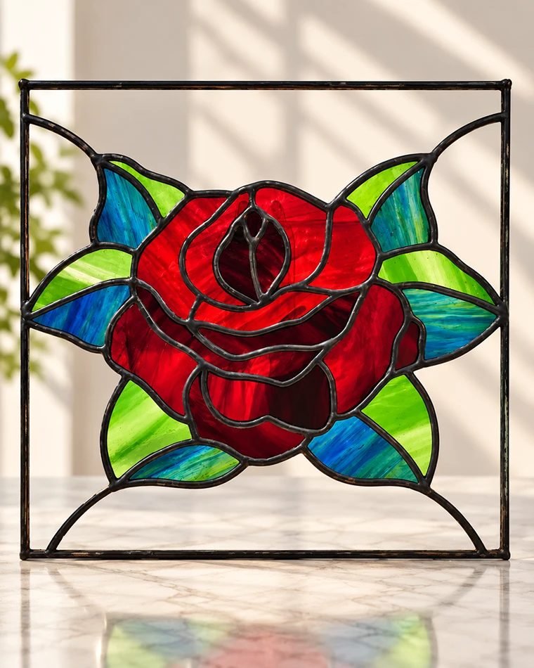 Vitral de una rosa roja abierta, con hojas en verdes y azules, montado en un marco cuadrado de metal