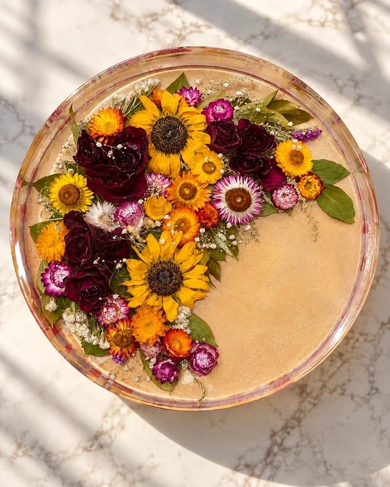 Bandeja circular de resina translúcida con flores secas encapsuladas: girasoles, rosas granate, siemprevivas y ramas de gypsophila
